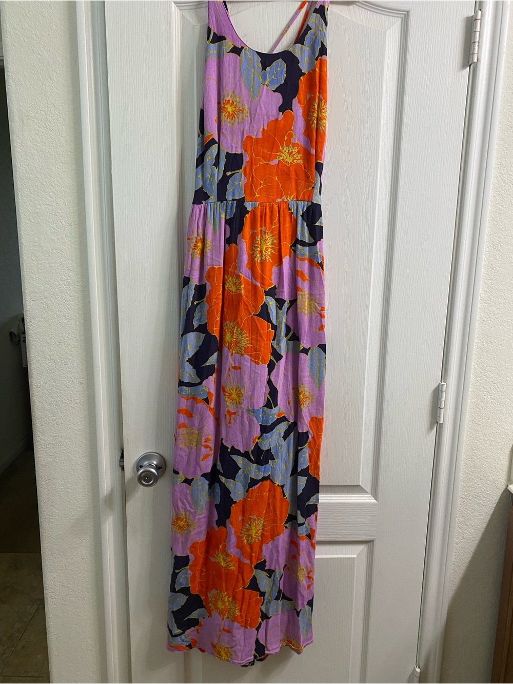 LOFT Full Bloom Cross-Back Floral Maxi Boho Dress Purple Orange Watercolor 10 - Picture 2 of 16